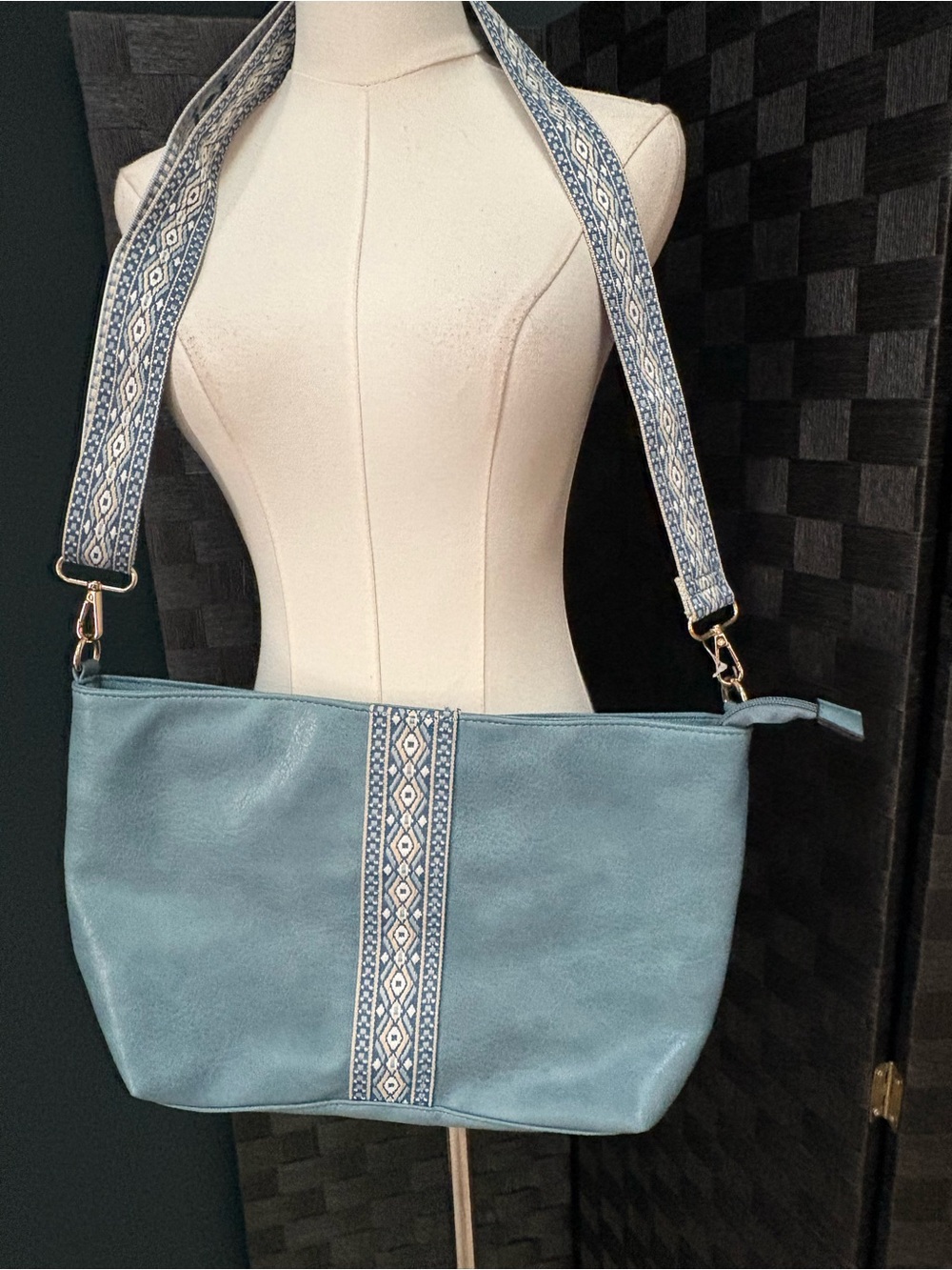 Le Miel Denim Blue Vegan Leather Hobo Bag Boho Geometric Guitar Strap